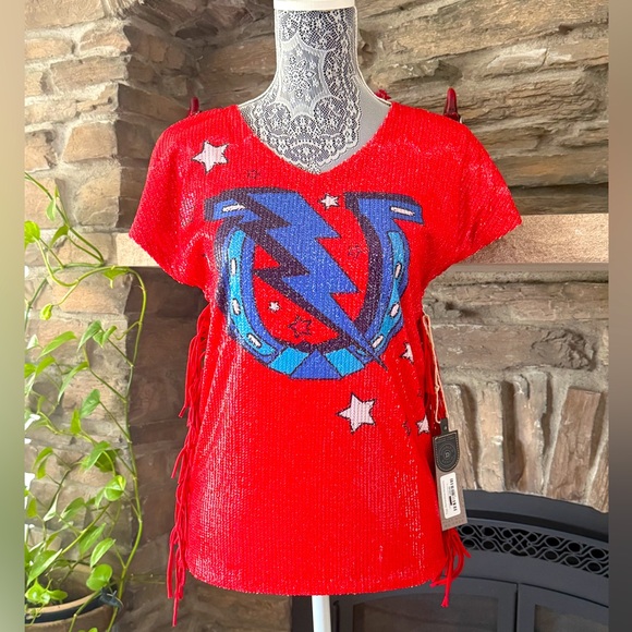 Double D Ranch Red Sequin Top with Blue and White Accents - Picture 2 of 7